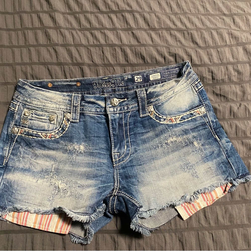 Miss Me Blue Distressed Jean Shorts with Frayed Hem